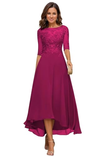 JIIL Damen Teelange Kleider für die Brautmutter Ballkleid Chiffon Spitzenapplikationen A-Linie Abendkleider mit Ärmel Fuchsie 44 von JIIL