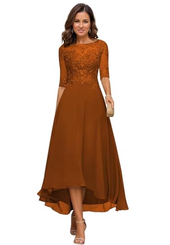 JIIL Damen Teelange Kleider für die Brautmutter Ballkleid Chiffon Spitzenapplikationen A-Linie Abendkleider mit Ärmel Gebrannte Orange 44 von JIIL