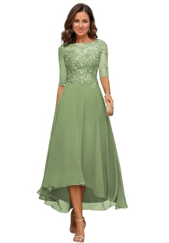 JIIL Damen Teelange Kleider für die Brautmutter Ballkleid Chiffon Spitzenapplikationen A-Linie Abendkleider mit Ärmel Grasgrün 48 von JIIL