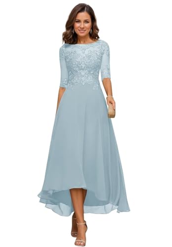 JIIL Damen Teelange Kleider für die Brautmutter Ballkleid Chiffon Spitzenapplikationen A-Linie Abendkleider mit Ärmel Hellblau 36 von JIIL