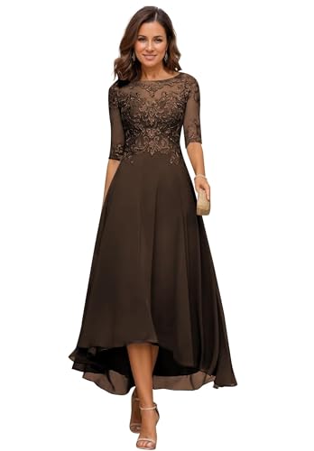JIIL Damen Teelange Kleider für die Brautmutter Ballkleid Chiffon Spitzenapplikationen A-Linie Abendkleider mit Ärmel Kaffee 46 von JIIL