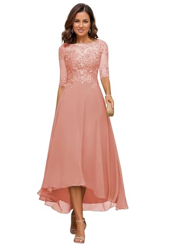 JIIL Damen Teelange Kleider für die Brautmutter Ballkleid Chiffon Spitzenapplikationen A-Linie Abendkleider mit Ärmel Koralle 40 von JIIL