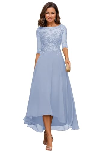 JIIL Damen Teelange Kleider für die Brautmutter Ballkleid Chiffon Spitzenapplikationen A-Linie Abendkleider mit Ärmel Lavendel 38 von JIIL
