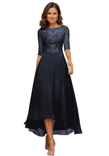 JIIL Damen Teelange Kleider für die Brautmutter Ballkleid Chiffon Spitzenapplikationen A-Linie Abendkleider mit Ärmel Navy Blau 38 von JIIL
