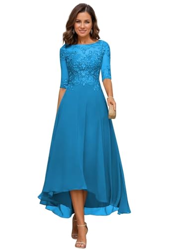 JIIL Damen Teelange Kleider für die Brautmutter Ballkleid Chiffon Spitzenapplikationen A-Linie Abendkleider mit Ärmel Ozeanblau 48 von JIIL