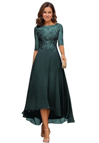JIIL Damen Teelange Kleider für die Brautmutter Ballkleid Chiffon Spitzenapplikationen A-Linie Abendkleider mit Ärmel Pfau 42 von JIIL