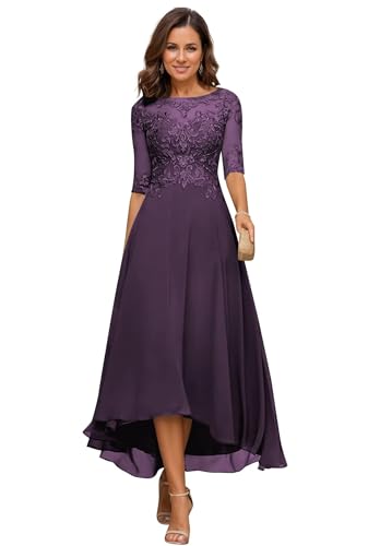 JIIL Damen Teelange Kleider für die Brautmutter Ballkleid Chiffon Spitzenapplikationen A-Linie Abendkleider mit Ärmel Pflaume 44 von JIIL