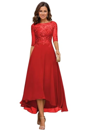 JIIL Damen Teelange Kleider für die Brautmutter Ballkleid Chiffon Spitzenapplikationen A-Linie Abendkleider mit Ärmel Rot 42 von JIIL