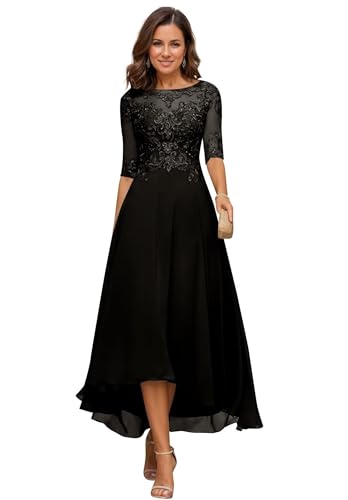 JIIL Damen Teelange Kleider für die Brautmutter Ballkleid Chiffon Spitzenapplikationen A-Linie Abendkleider mit Ärmel Schwarz 44 von JIIL