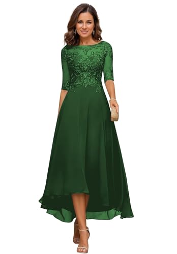 JIIL Damen Teelange Kleider für die Brautmutter Ballkleid Chiffon Spitzenapplikationen A-Linie Abendkleider mit Ärmel Smaragdgrün 40 von JIIL