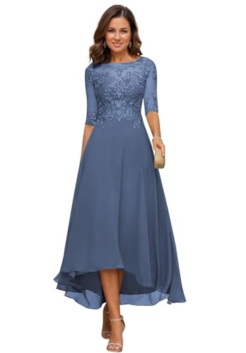 JIIL Damen Teelange Kleider für die Brautmutter Ballkleid Chiffon Spitzenapplikationen A-Linie Abendkleider mit Ärmel Stahlblau 38 von JIIL