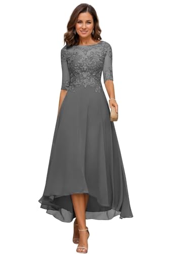 JIIL Damen Teelange Kleider für die Brautmutter Ballkleid Chiffon Spitzenapplikationen A-Linie Abendkleider mit Ärmel Stahlgrau 38 von JIIL