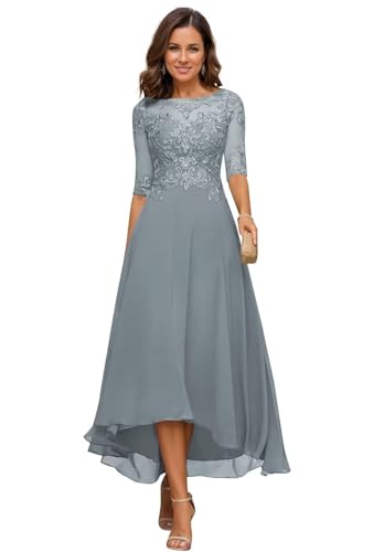 JIIL Damen Teelange Kleider für die Brautmutter Ballkleid Chiffon Spitzenapplikationen A-Linie Abendkleider mit Ärmel Staubiges Blau 44 von JIIL
