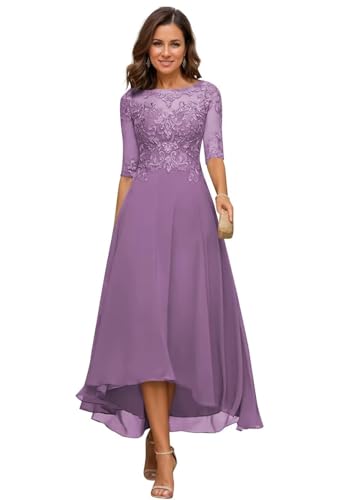 JIIL Damen Teelange Kleider für die Brautmutter Ballkleid Chiffon Spitzenapplikationen A-Linie Abendkleider mit Ärmel Staubiges Lila 44 von JIIL