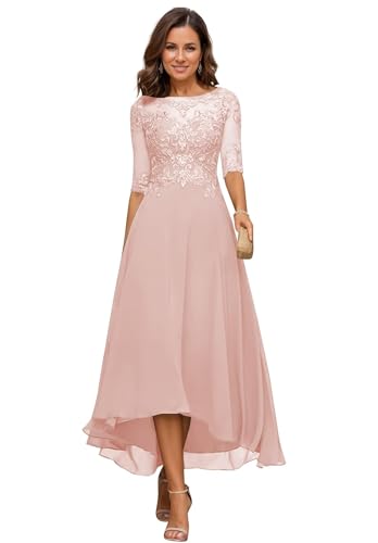 JIIL Damen Teelange Kleider für die Brautmutter Ballkleid Chiffon Spitzenapplikationen A-Linie Abendkleider mit Ärmel Staubiges Rose 48 von JIIL
