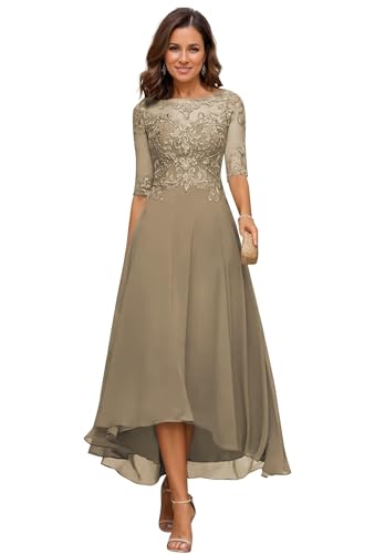 JIIL Damen Teelange Kleider für die Brautmutter Ballkleid Chiffon Spitzenapplikationen A-Linie Abendkleider mit Ärmel Taupe 44 von JIIL