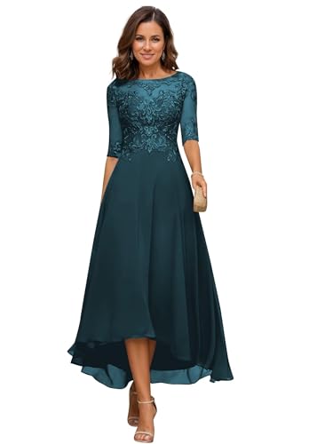 JIIL Damen Teelange Kleider für die Brautmutter Ballkleid Chiffon Spitzenapplikationen A-Linie Abendkleider mit Ärmel Teal 40 von JIIL