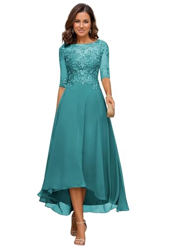 JIIL Damen Teelange Kleider für die Brautmutter Ballkleid Chiffon Spitzenapplikationen A-Linie Abendkleider mit Ärmel Türkis 48 von JIIL
