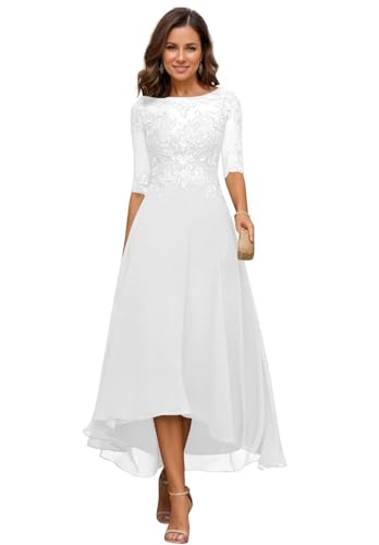 JIIL Damen Teelange Kleider für die Brautmutter Ballkleid Chiffon Spitzenapplikationen A-Linie Abendkleider mit Ärmel Weiß 50 von JIIL