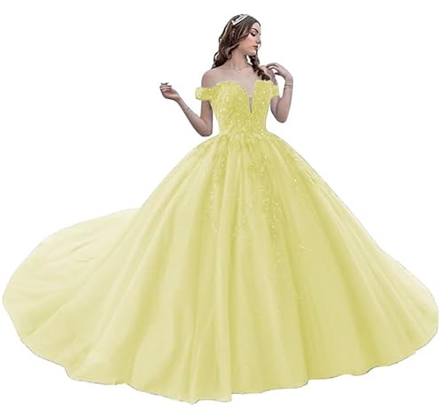 JIIL Damen Tüll Glitzer Abendkleider Lang Schulterfrei Brautkleid Hochzeitskleider V-Ausschnitt Prinzessin Formale Quinceanera Kleid Gelb 58 von JIIL