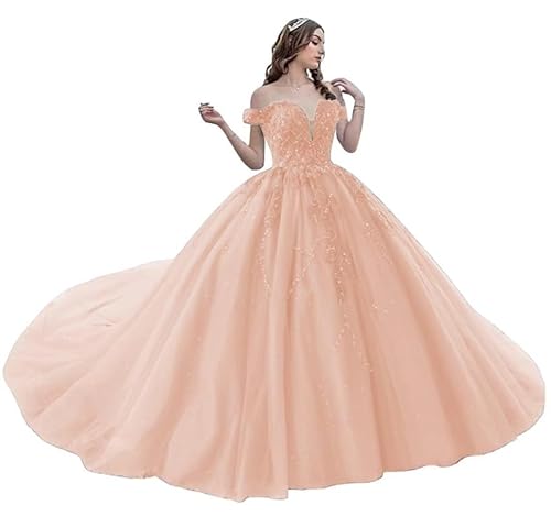 JIIL Damen Tüll Glitzer Hochzeitskleider Lang Schulterfrei Abendkleider Brautkleid mit Schleppe Formale Partykleid Ballkleid Blush 44 von JIIL