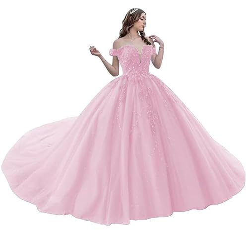 JIIL Damen Tüll Glitzer Hochzeitskleider Lang Schulterfrei Abendkleider Brautkleid mit Schleppe Formale Partykleid Ballkleid Rosa 44 von JIIL