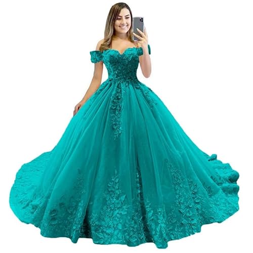 JIIL Damen Tüll Lace Applique Hochzeitskleider Lang Schulterfrei Abendkleider mit Schleppe Prinzessin Formale Puffy Quinceanera Kleid Aqua 52 von JIIL