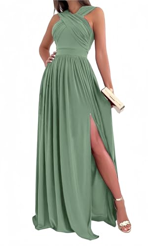 JIIL Damen V-Ausschnitt Abendkleid Lang Chiffon Brautjungfernkleider für Hochzeit Gast Kleid Pastellgrün 38 von JIIL