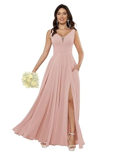 JIIL Damen V-Ausschnitt Lang Brautjungfernkleider mit Taschen Chiffon Ärmellos Hochzeitskleid mit Schlitz Blush 46 von JIIL