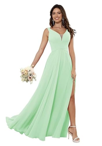JIIL Damen V-Ausschnitt Lang Brautjungfernkleider mit Taschen Chiffon Ärmellos Hochzeitskleid mit Schlitz Mintgrün 34 von JIIL