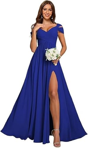 JIIL Dress,Damen Off Shoulder Chiffon Brautjungfernkleider Lang - Formeller A-Linie V-Ausschnitt Lang Abendkleider Elegant Hochzeit Schlitz Königsblau 48 von JIIL