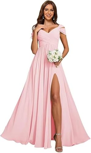 JIIL Dress,Damen Off Shoulder Chiffon Brautjungfernkleider Lang - Formeller A-Linie V-Ausschnitt Lang Abendkleider Elegant Hochzeit Schlitz Weise Grün A 38 von JIIL