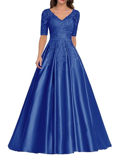 JIIL Elegant Brautmutter Kleid Lang - Satin A-Linie Hochzeit Gast Kleid mit Ärmel Spitze V-Ausschnitt Ballkleid Königsblau 36 von JIIL