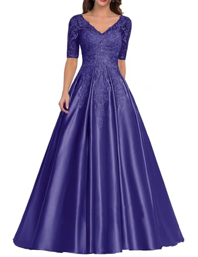 JIIL Elegant Brautmutter Kleid Lang - Satin A-Linie Hochzeit Gast Kleid mit Ärmel Spitze V-Ausschnitt Ballkleid Purpur 36 von JIIL