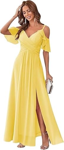 JIIL Elegante Kleider Damen Lang,Damen Off Shoulder Brautjungfernkleider Spaghettiträger V-Ausschnitt Elegante Lang Abendkleider A-Linie Kleider Für Hochzeitsgäste Hellgelb 42 von JIIL