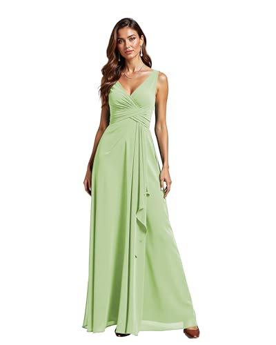 JIIL Festliche Kleider Für Damen,Brautjungfernkleider Damen Lang - V-Ausschnitt Rückenfrei Chiffon Abendkleider Elegant Für Hochzeit Salbei Grün C 40 von JIIL