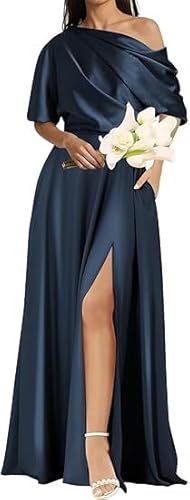 JIIL Festliche Kleider Für Damen,Damen Eine Schulter Brautjungfernkleider Satin Formelle Abendkleider Mit Schlitz Mutter Ballkleider Abschlussball Party Kleid Marine 44 von JIIL
