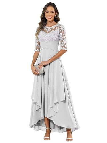 JIIL Festliche Kleider Für Hochzeit,Damen Abendkleid Lang - Elegant Spitzen Brautmutterkleid Chiffon Formales Kleider Halbärmel Festliche Für Hochzeit Weiß 46 von JIIL