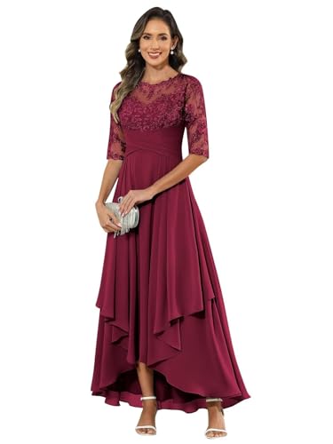 JIIL Festliche Kleider Für Hochzeit,Damen Abendkleid Lang - Elegant Spitzen Brautmutterkleid Chiffon Formales Kleider Halbärmel Festliche Für Hochzeit Wüste Rose 54 von JIIL