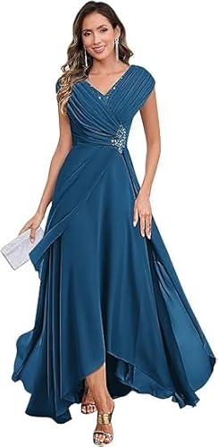 JIIL Festliche Kleider Für Hochzeit,Damen Chiffon Brautmutterkleider Lang V-Ausschnitt Ärmelloses Glitzer Abendkleider A-Linie Festliche Kleider Blaublau 52 von JIIL