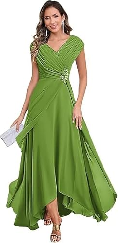 JIIL Festliche Kleider Für Hochzeit,Damen Chiffon Brautmutterkleider Lang V-Ausschnitt Ärmelloses Glitzer Abendkleider A-Linie Festliche Kleider Olive 48 von JIIL