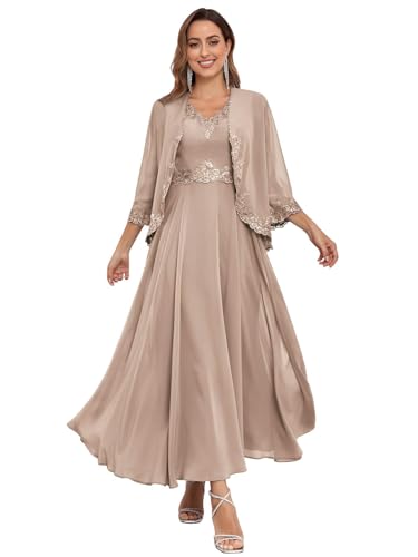 JIIL Festliche Kleider Für Hochzeit,Damen Lang Brautmutterkleider Jacke Zweiteilig Hochzeit Elegant Abendkleider Spitzen Chiffon Pailletten Kleid Stürmisch 42 von JIIL