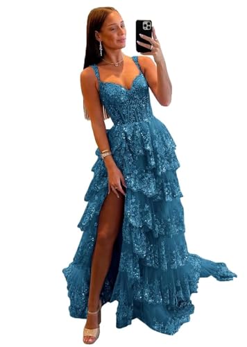 JIIL Glitter Tiered Tulle Abendkleider Lang - Spitze Spaghetti-Träger Ballkleider mit Schlitz Damen Schulballkleid Teal 38 von JIIL