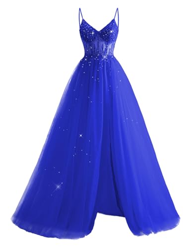 JIIL Glitzer Tüll Abendkleider Lang - Damen Perlen Spaghetti-Träger Ballkleider mit Schlitz Königsblau 40 von JIIL