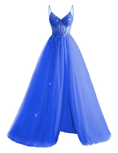 JIIL Glitzer Tüll Abendkleider Lang - Damen Perlen Spaghetti-Träger Ballkleider mit Schlitz Ozeanblau 36 von JIIL