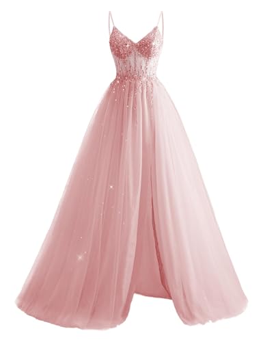 JIIL Glitzer Tüll Abendkleider Lang - Damen Perlen Spaghetti-Träger Ballkleider mit Schlitz Rosa 36 von JIIL