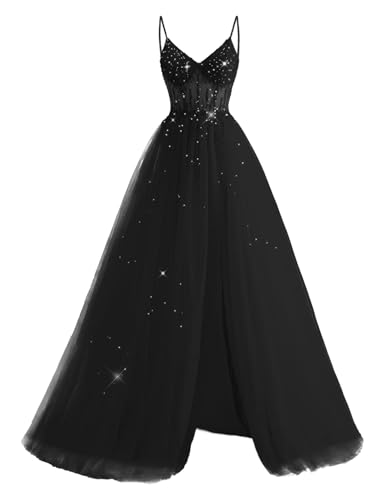 JIIL Glitzer Tüll Abendkleider Lang - Damen Perlen Spaghetti-Träger Ballkleider mit Schlitz Schwarz 54 JIIL Glitzer Tüll Abendkleider Lang - Damen Perlen Spaghetti-Träger Ballkleider mit Schlitz Schwarz 54 von JIIL