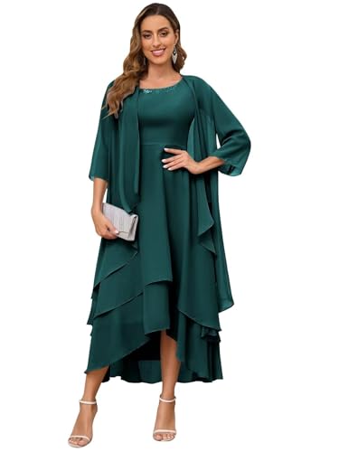 JIIL Große Größen Festliche Damenmode,Damen Brautmutterkleider Lang Mit Jacke 2 Teilig Große Größen Chiffon Abendkleider Formelles Abendanzug Set Blaugrün 58 von JIIL