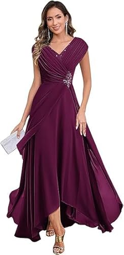 JIIL Große Größen Festliche Damenmode,Damen Chiffon Brautmutterkleider Lang V-Ausschnitt Ärmelloses Glitzer Abendkleider A-Linie Festliche Kleider Pflaume 42 von JIIL