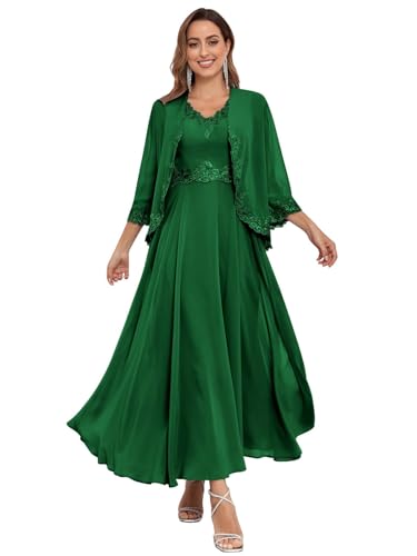 JIIL Große Größen Festliche Damenmode,Damen Lang Brautmutterkleider Jacke Zweiteilig Hochzeit Elegant Abendkleider Spitzen Chiffon Pailletten Kleid Dunkler Ozean 56 von JIIL